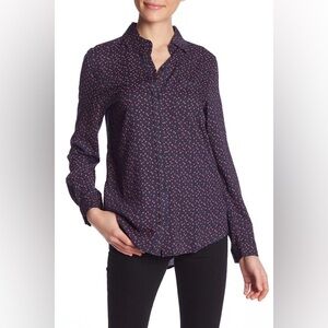 Beachlunchlounge. Blue with Pink Heart Long Sleeve Button Down Shirt. Small
